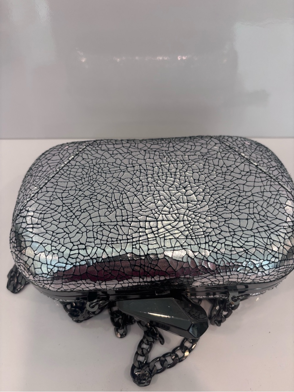 Silver Crackle Hard-Case Evening Clutch with Black Chain by limited edition - Picture 4 of 8